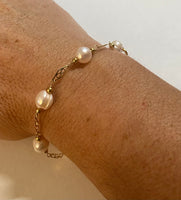 14 Karat Yellow Gold Filled Genuine 8mm Ringed Pink Freshwater Pearls 8.5" Plaque Bracelet