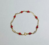 14 Karat Yellow Gold Filled and Genuine 4.5mm Dyed Red Coral Filigree Plaque 7.5" Bracelet