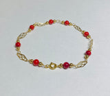 14 Karat Yellow Gold Filled and Genuine 4.5mm Dyed Red Coral Filigree Plaque 7.5" Bracelet