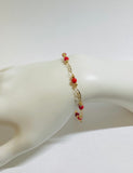 14 Karat Yellow Gold Filled and Genuine 4.5mm Dyed Red Coral Filigree Plaque 7.5" Bracelet