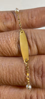 14 Karat Yellow Gold 7" Dainty Figaro ID Bracelet with Genuine Freshwater Pearls