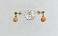 14 Karat Yellow Gold Filled 5mm Ball Stud Earrings with Hanging Genuine 7mm Pink Coral Beads