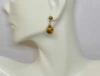 14 Karat Yellow Gold Filled 5mm Ball Stud Earrings with Hanging Genuine 8mm Tiger's Eye Beads