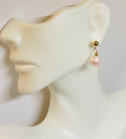 14 Karat Yellow Gold Filled 5mm Ball Stud Earrings with Hanging Genuine 8mm Ringed Pink Freshwater Pearls