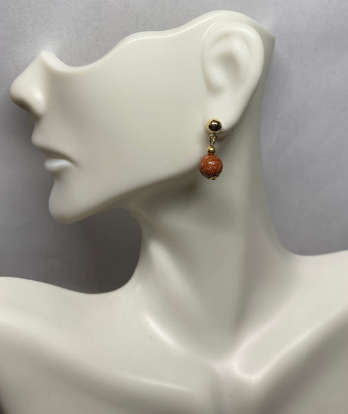 14 Karat Yellow Gold Filled 5mm Ball Stud Earrings with Hanging 8mm Goldstone Venturina Beads