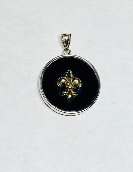 10 Karat Yellow Gold Fleur-de-Lis and Sterling Silver Bezel Genuine Black Onyx Pendant