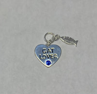 Sterling Silver 925 with Swarovski Element Birthstone Cat Lover Heart w/Fish Skeleton Pendant (16", 18" or 20" chain)