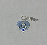 Sterling Silver 925 with Swarovski Element Birthstone Cat Lover Heart w/Fish Skeleton Pendant (16", 18" or 20" chain)