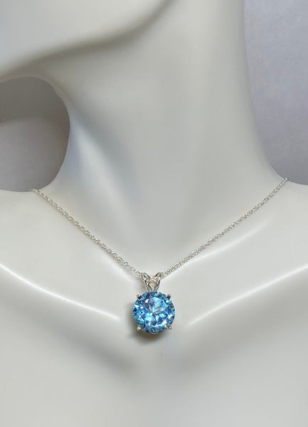 Sterling Silver Genuine 12mm Round Sky Blue Topaz Scroll Design Pendant w/ 18" Chain