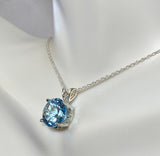 Sterling Silver Genuine 12mm Round Sky Blue Topaz Scroll Design Pendant w/ 18" Chain