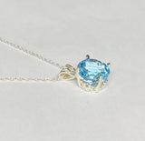 Sterling Silver Genuine 12mm Round Sky Blue Topaz Scroll Design Pendant w/ 18" Chain