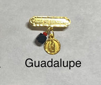 10K Ylw Gold Dios Me Bendiga w/Genuine Azabache & 8mm Saint Medal Baby Pin (Caridad, San Lazaro, Santa Barbara, Guadalupe, Guardian Angel)