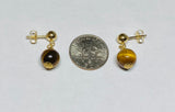 14 Karat Yellow Gold Filled 5mm Ball Stud Earrings with Hanging Genuine 8mm Tiger's Eye Beads