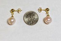 14 Karat Yellow Gold Filled 5mm Ball Stud Earrings with Hanging Genuine 8mm Ringed Pink Freshwater Pearls