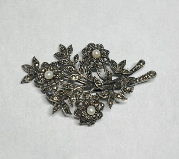 Vintage 1940's Silver 835 Marcasite and Freshwater Pearl Floral Bouquet Brooch