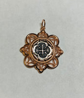 Silver Replica Atocha Coin Mounted on Filigree Sterling Silver Coin Pendant (Silver-Gold Plated-Rose Gold Plated)