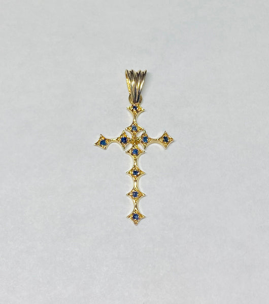 Vintage 14K Yellow Gold and Genuine Sapphire Cross Pendant