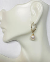 14 Karat Yellow Gold and Genuine 8mm Round Freshwater Pearl Lever Back Earrings