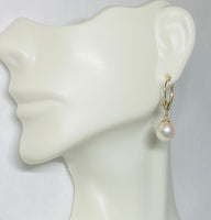 14 Karat Yellow Gold and Genuine 8mm Round Freshwater Pearl Lever Back Earrings