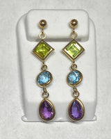 14 Karat Yellow Gold and Genuine Peridot, Blue Topaz and Amethyst Dangle Earrings