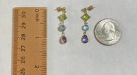 14 Karat Yellow Gold and Genuine Peridot, Blue Topaz and Amethyst Dangle Earrings