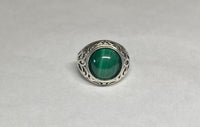 Sterling Silver and Genuine 12mm Cabochon Malachite Ladies Filigree Ring