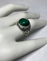 Sterling Silver and Genuine 12mm Cabochon Malachite Ladies Filigree Ring