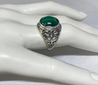 Sterling Silver and Genuine 12mm Cabochon Malachite Ladies Filigree Ring