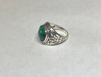 Sterling Silver and Genuine 12mm Cabochon Malachite Ladies Filigree Ring