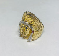 Vintage NOS 18 Karat Yellow Gold Genuine Diamond, Ruby and Sapphire Indian Chief Head Biker Ring