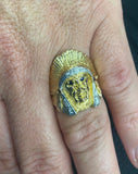 Vintage NOS 18 Karat Yellow Gold Genuine Diamond, Ruby and Sapphire Indian Chief Head Biker Ring