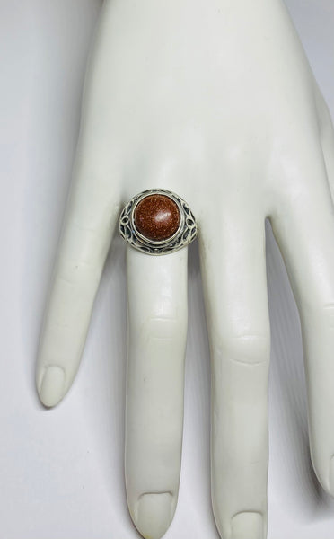 Sterling Silver 12mm Round Cabochon Brown Goldstone "Venturina" Filigree Style Ladies Ring