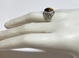 Sterling Silver Genuine 12mm Round Cabochon Tiger's Eye Filigree Style Ladies Ring