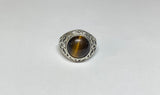 Sterling Silver Genuine 12mm Round Cabochon Tiger's Eye Filigree Style Ladies Ring