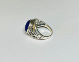 Sterling Silver Genuine 12mm Round Cabochon Lapis Lazuli Filigree Style Ladies Ring