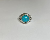 Sterling Silver Genuine 12mm Round Cabochon Chinese Turquoise Filigree Style Ladies Ring