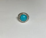 Sterling Silver Genuine 12mm Round Cabochon Chinese Turquoise Filigree Style Ladies Ring