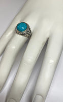 Sterling Silver Genuine 12mm Round Cabochon Chinese Turquoise Filigree Style Ladies Ring