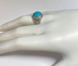 Sterling Silver Genuine 12mm Round Cabochon Chinese Turquoise Filigree Style Ladies Ring