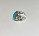 Sterling Silver Genuine 12mm Round Cabochon Chinese Turquoise Filigree Style Ladies Ring