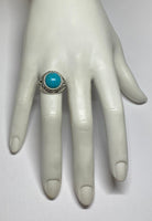 Sterling Silver Genuine 12mm Round Cabochon Chinese Turquoise Filigree Style Ladies Ring