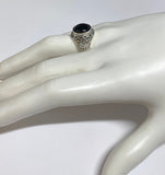 Sterling Silver Genuine 12mm Round Cabochon Black Onyx Filigree Style Ladies Ring