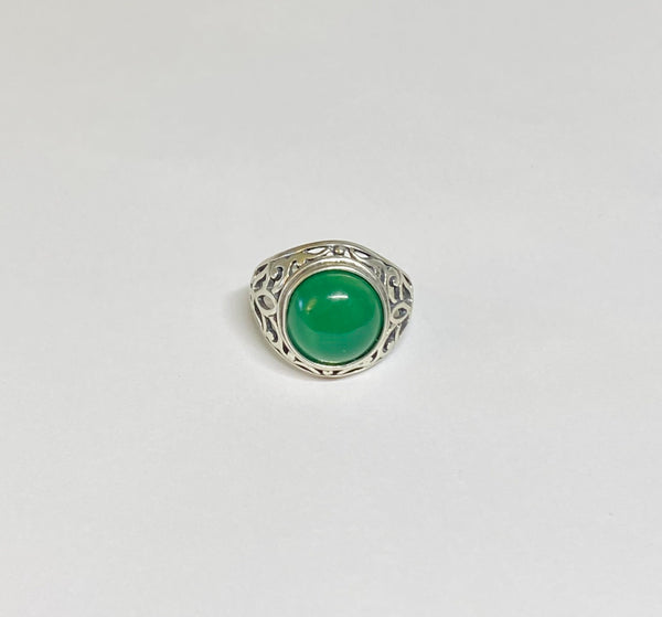 Sterling Silver Genuine 12mm Round Cabochon Green Onyx Filigree Style Ladies Ring