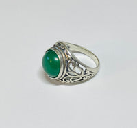 Sterling Silver Genuine 12mm Round Cabochon Green Onyx Filigree Style Ladies Ring