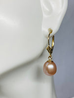 14 Karat Yellow Gold and Genuine 8mm Drop Pink Freshwater Pearl Lever Back Earrings