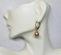 14 Karat Yellow Gold and Genuine 8mm Drop Pink Freshwater Pearl Lever Back Earrings