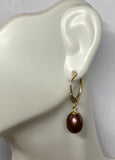 14 Karat Yellow Gold and Genuine 8mm Drop Chocolate Freshwater Pearl Lever Back Earrings