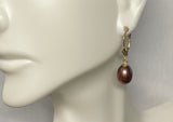 14 Karat Yellow Gold and Genuine 8mm Drop Chocolate Freshwater Pearl Lever Back Earrings