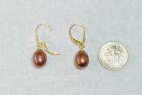 14 Karat Yellow Gold and Genuine 8mm Drop Chocolate Freshwater Pearl Lever Back Earrings