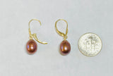 14 Karat Yellow Gold and Genuine 8mm Drop Chocolate Freshwater Pearl Lever Back Earrings